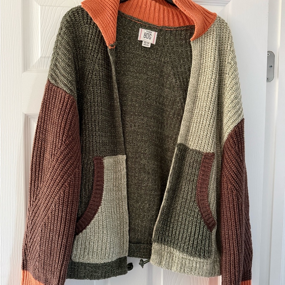 BDG Colorblock Knit Cardigan - Green, Orange, Brown
